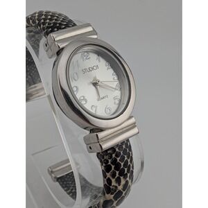 Studio Time Watch Women 24mm Case Faux Snake Skin Hinge Bangle Band- New Battery
